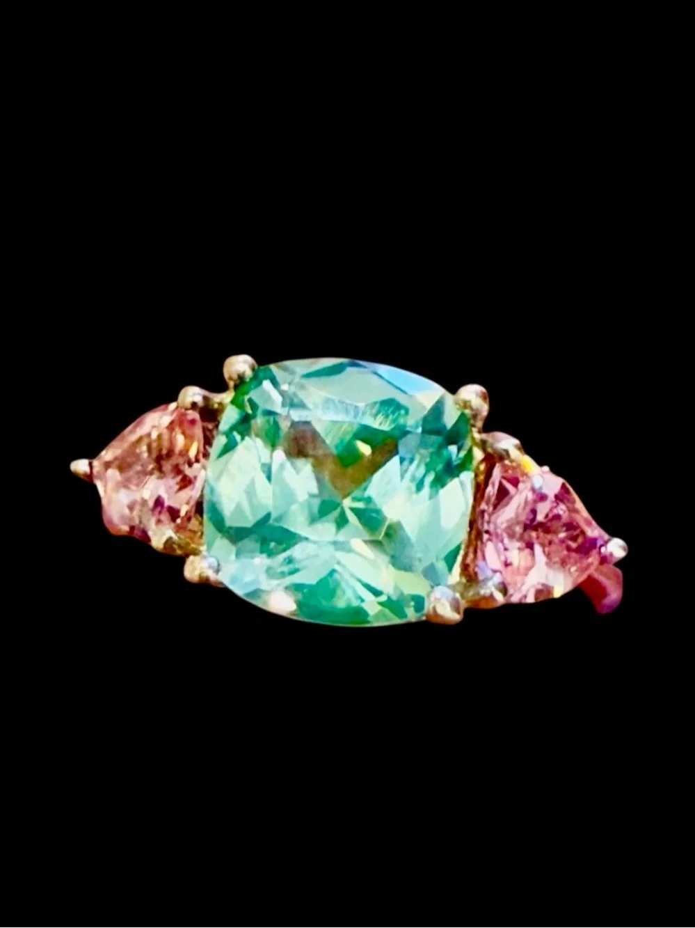 Vintage 80’s Avon Sterling Silver Uranium Green Spinel & Pink CZ Ring Sz8, 3.9g